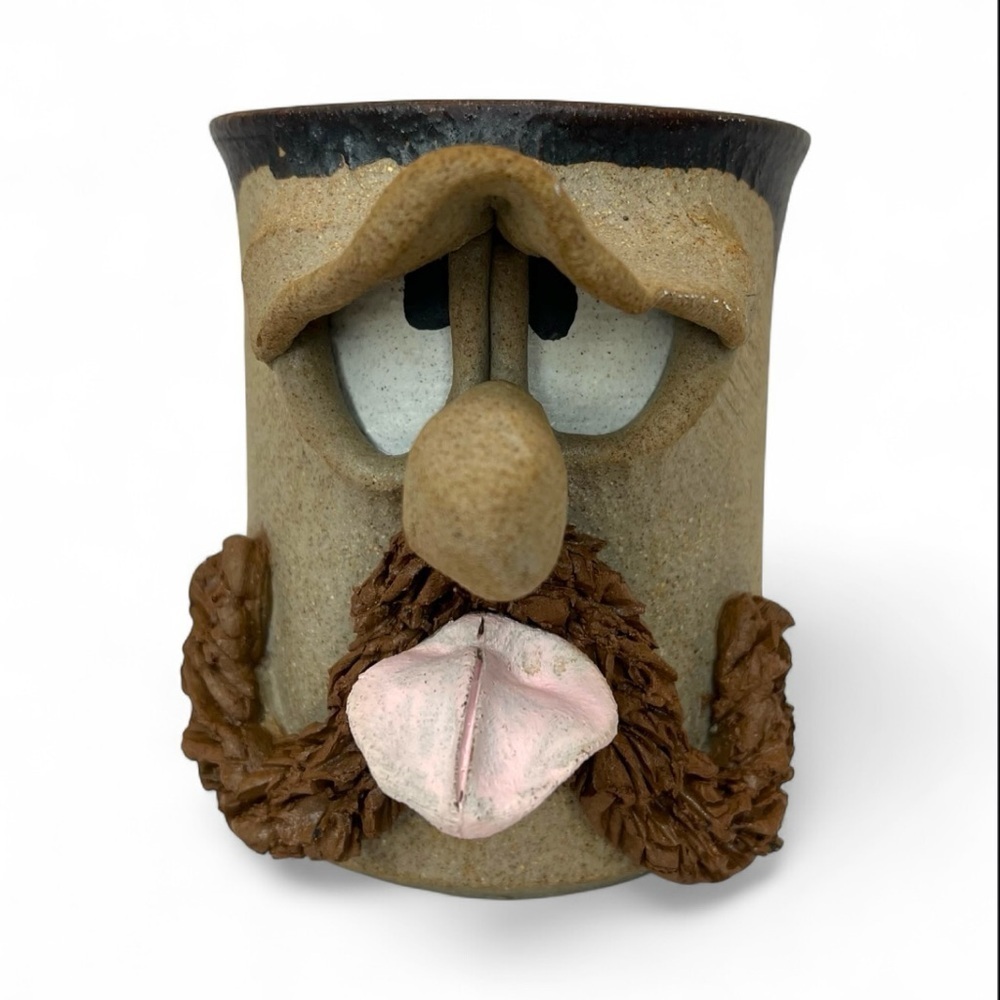 Tongue Out Mustache Funny Faced Ugly Coffee Mug Handmade Studio Art Stoneware - Picture 2 of 11